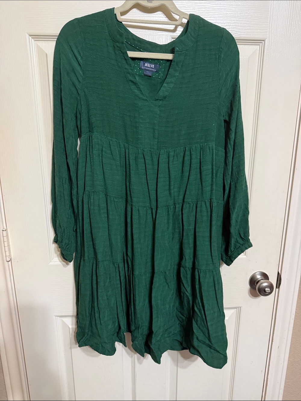 Maeve Forest Green Long-Sleeve Tiered V-Neck Dress